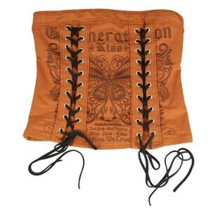 Y2K Generation Kiss Corset Top Brown Lace Up Embroidered Text Graphic Womens M